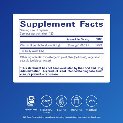 Pure Encapsulations Vitamin D3 1,000 IU - Hypoallergenic Vitamin D Supplement - Immune System, Bone and Muscle Function Support - 120 Capsules