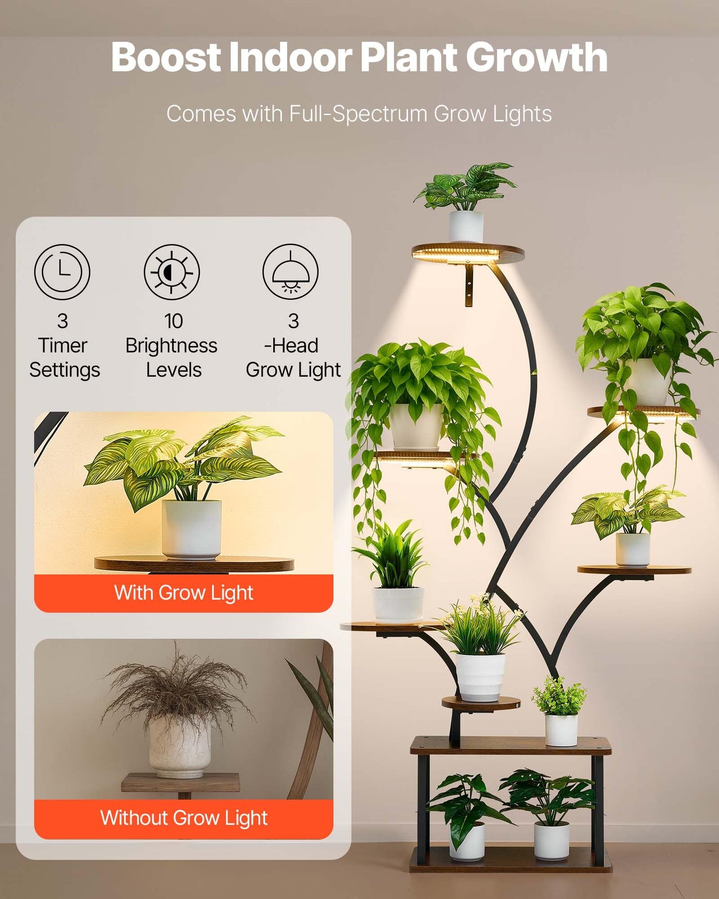 VEVOR Plant Stand Indoor with Grow Lights, 62 in Tall 8-Tier Lighted Plant Shelf, Metal Corner Plants Holder, 3 Timer & 10 Brightness, Tree-Shaped Flower Display Rack for Living Room Balcony Decor