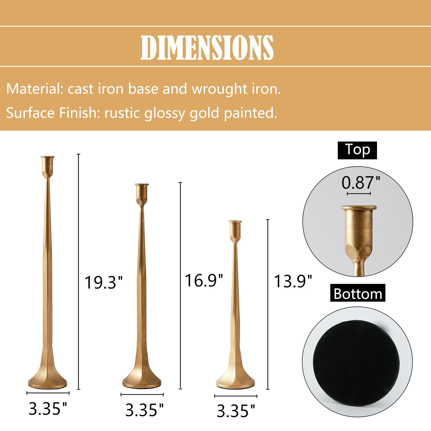 Denique Iron Taper Candle Holder Set of 3, Gold Candlestick Holders 19.3”17” 14” Heightening Decorative Candle Stand Set for Wedding, Dining Table, Home Decoration (Gold)