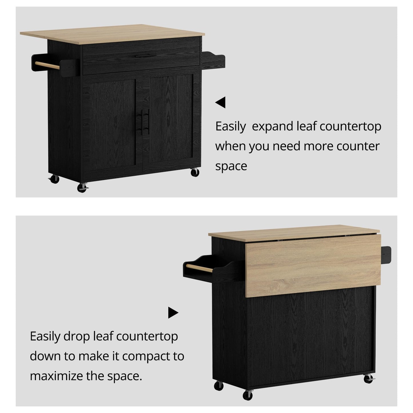 IRONCK Rolling Kitchen Island Table on Wheels with Drop Leaf, Storage Cabinet, Drawer, Spice/Towel Rack, Kitchen Cart, 47.25" Wide Black