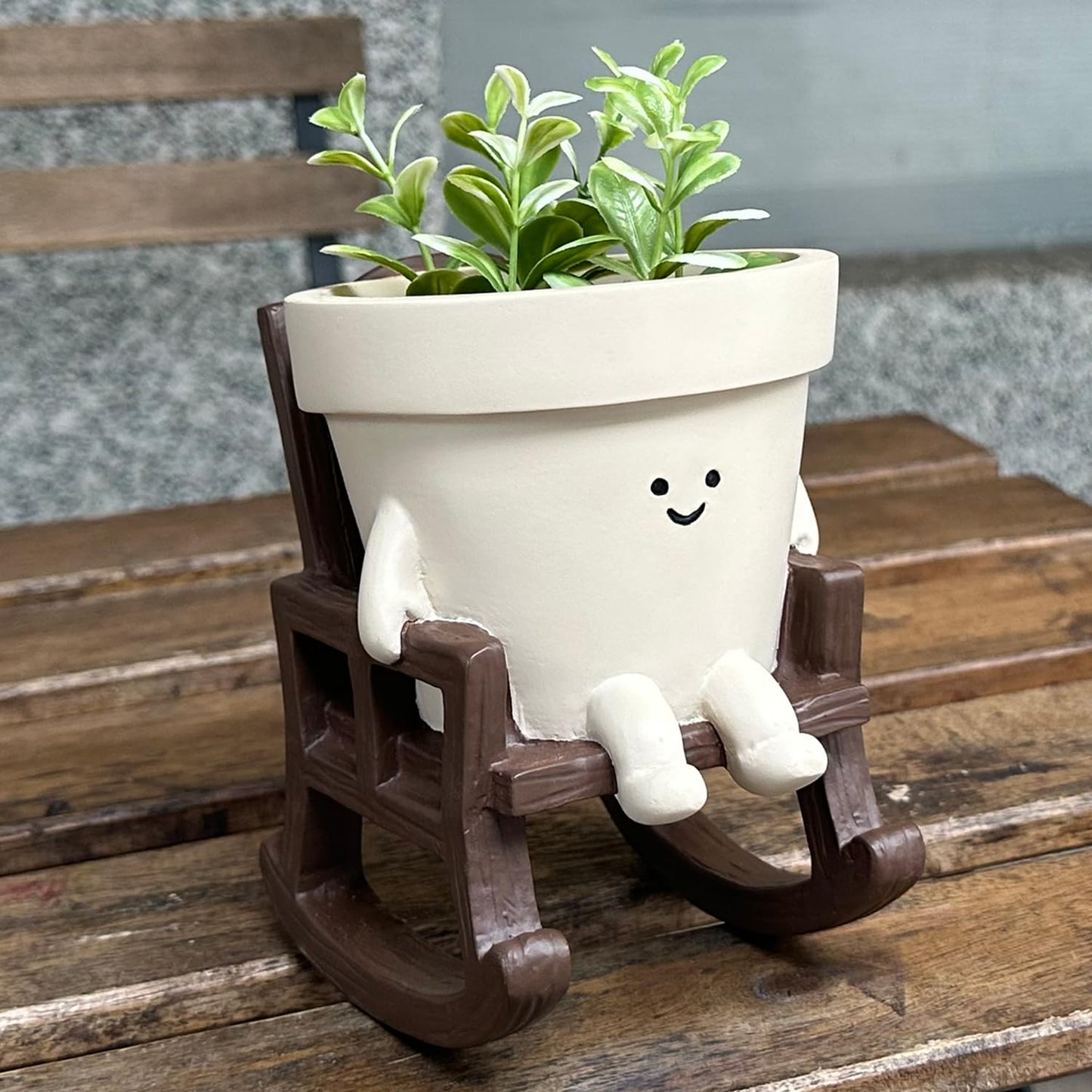 Cute Plant Pots Large Smily Face Planter Pot Resin Flower Head Planters for Indoor Outdoor Plants Unique Sit Rocking Chair Succulent Pot with Drainage Hole Best Gift for Mother and Plant Lovers