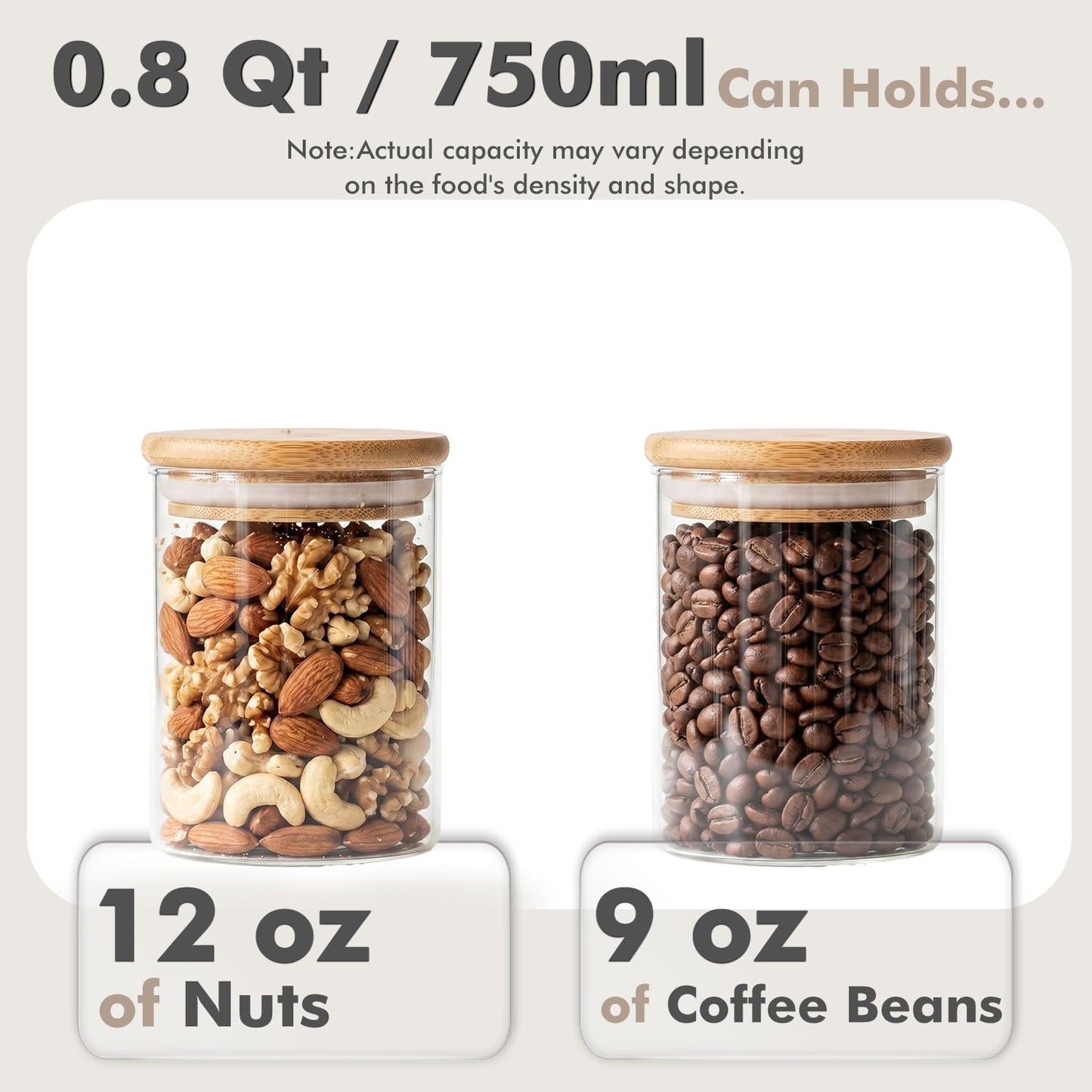 Xoniwis 6-Pack 0.8Qt Round Glass Storage Jars with Bamboo Lids