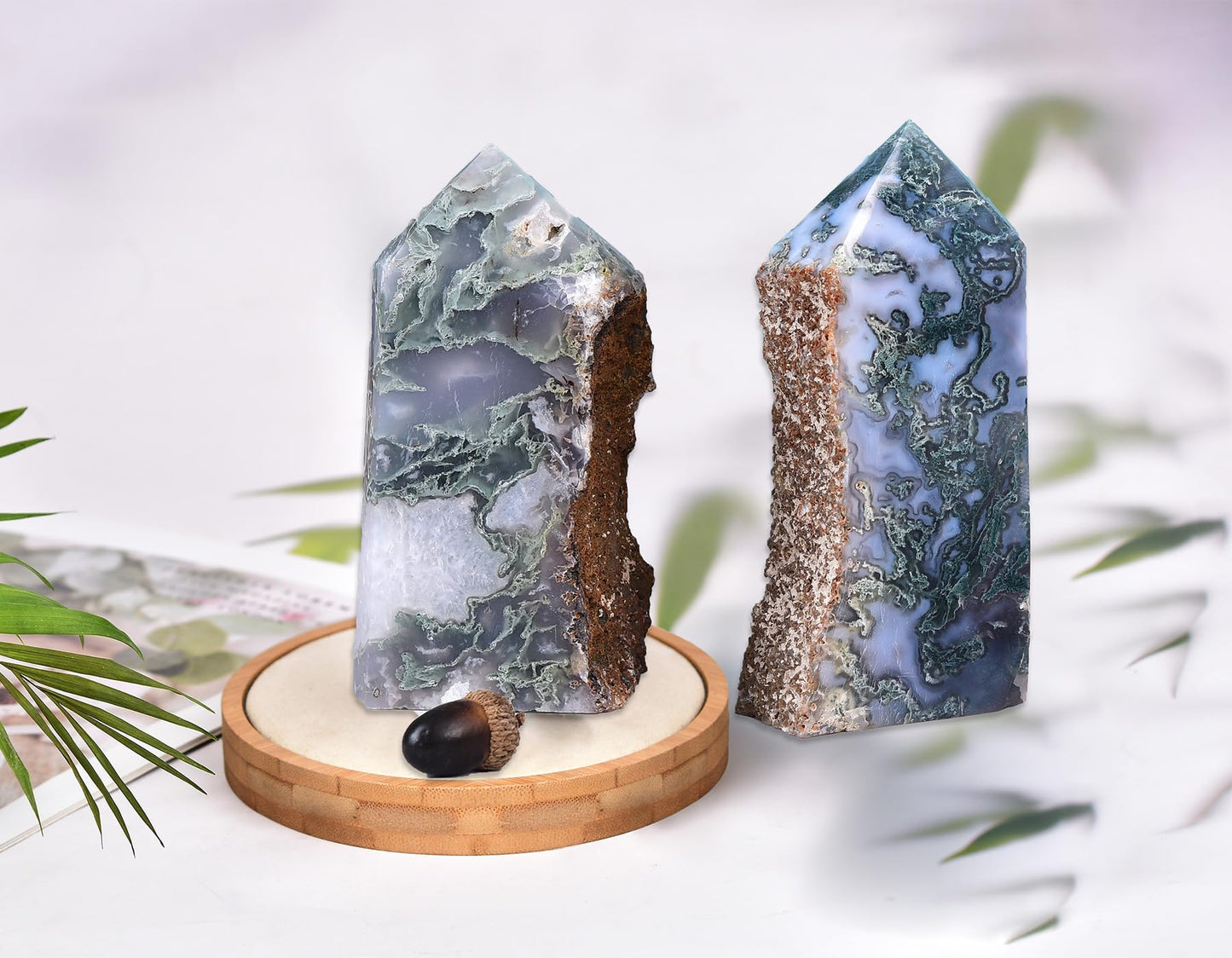 AMOYSTONE Moss Agate Crystal Point - 0.8-1.3 lb Natural Stone Carving for Meditation & Spiritual Decor