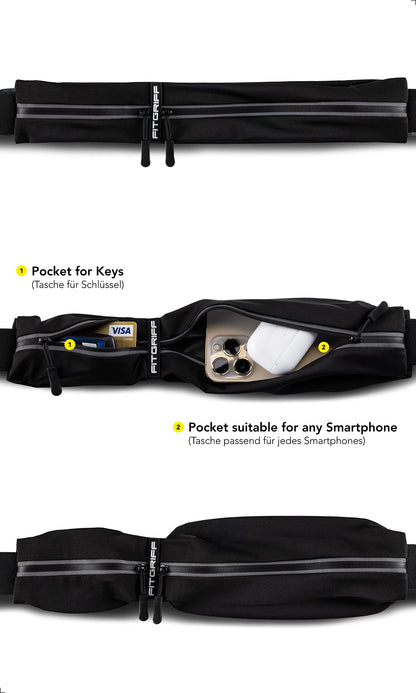 Fitgriff® Running Belt for Men & Women - Secure Jogging Pouch for Phone, Keys & Essentials - For All Cell Phones (Black, 33.5" - 47.5" Waist Size)