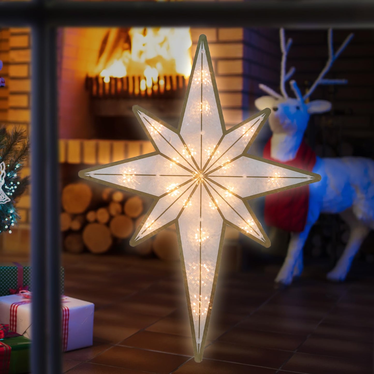 Justpro 17'' Merry Christmas Lighted Sign - Bethlehem Star Window Silhouette Lights with 20 LEDs, Double-Sided 3D Holiday Decoration for Christmas Window & Home Display