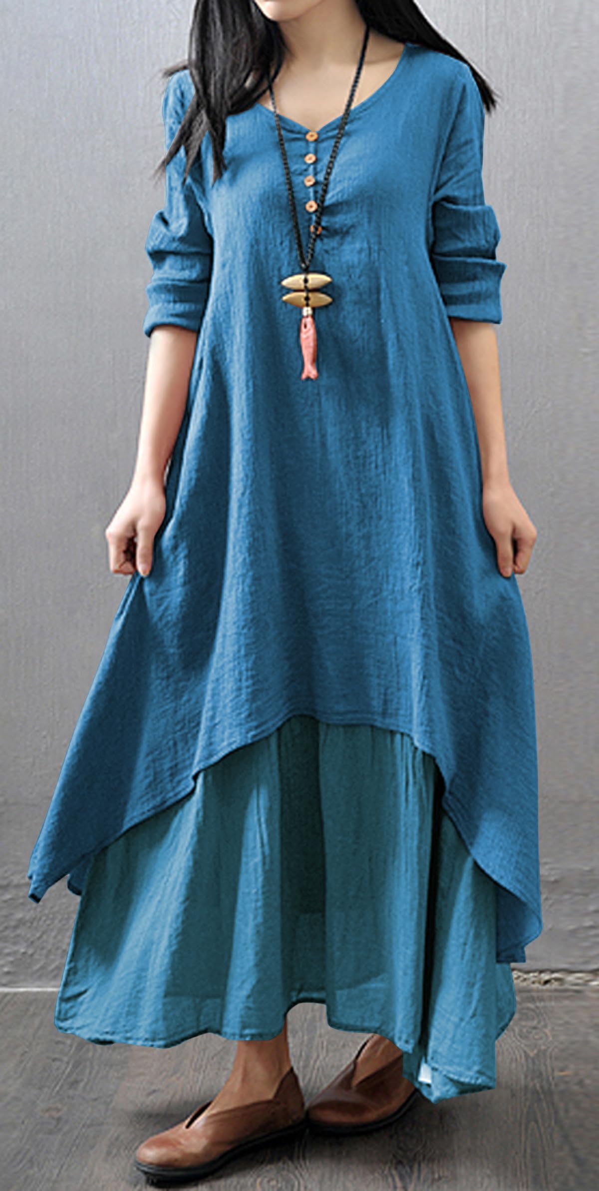 R.Vivimos Women Long Sleeve Cotton Casual Loose Plus Size Irregular Long Dresses