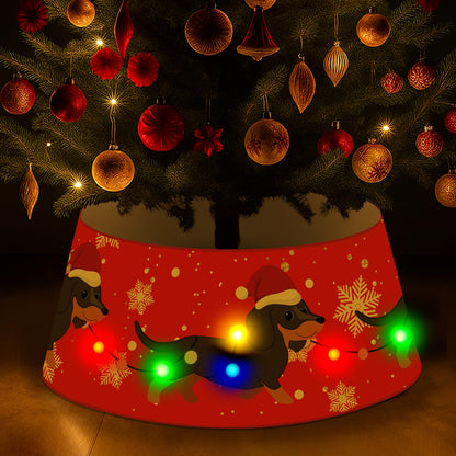 Dog Christmas Tree Collar Dachshund Christmas Decor Red Tree Skirt with LED Light Ring Base Cover for Christmas Trees Decoration Holiday Indoor Outdoor