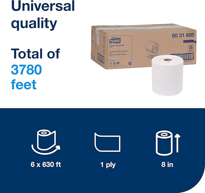 Tork Hand Towel Roll White H80, 100% Recycled Fiber, 6 Rolls x 630 ft