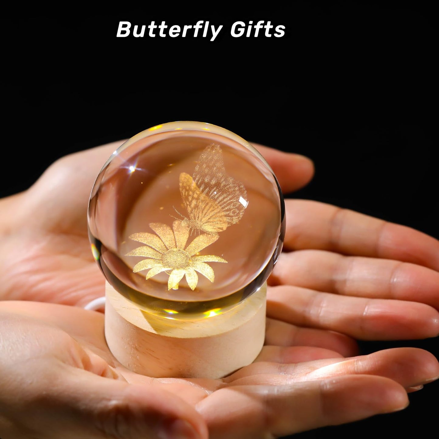 Arikyrist 3D Crystal Butterfly Figurines with Wooden Base, 3D Butterfly Crystal Ball Night Light Collection Gifts, Home Decor