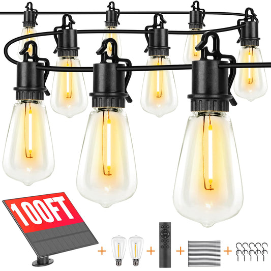 Solar Lights Outdoor String light patio deals 100FT with 32 Shatterproof, solar String Lights Outdoor Waterproof with Remote ST38 Vintage Edison Bulbs,Waterproof Hanging Lights for Outside Backyard