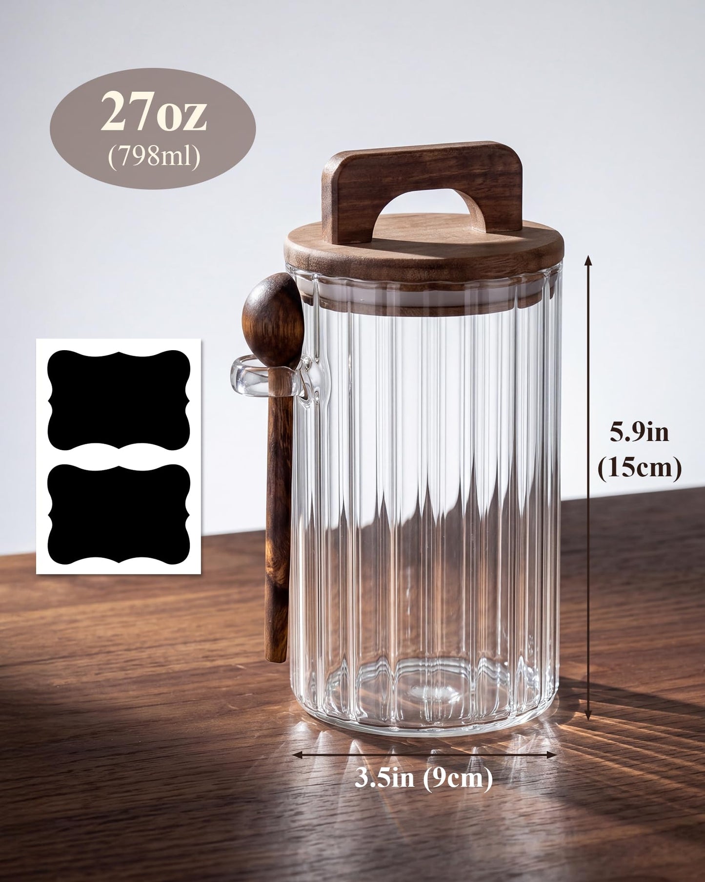 NiHome Ribbed Glass Coffee Container with Wooden Lid & Spoon, 27 oz Airtight Storage Jar for Coffee Beans, Tea, Sugar & Salt, Wide Mouth Food Canister with Ergonomic Handle