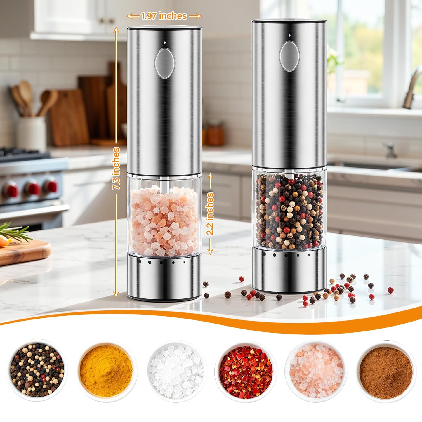 HomeHacks Upgraded Larger Capacity Electric Salt and Pepper Grinder Set, Rechargeable Type-C with LED Light, Stainless Steel Automatic & 6 Adjustable Coarseness, Ideal as Mothers Day Gifts
