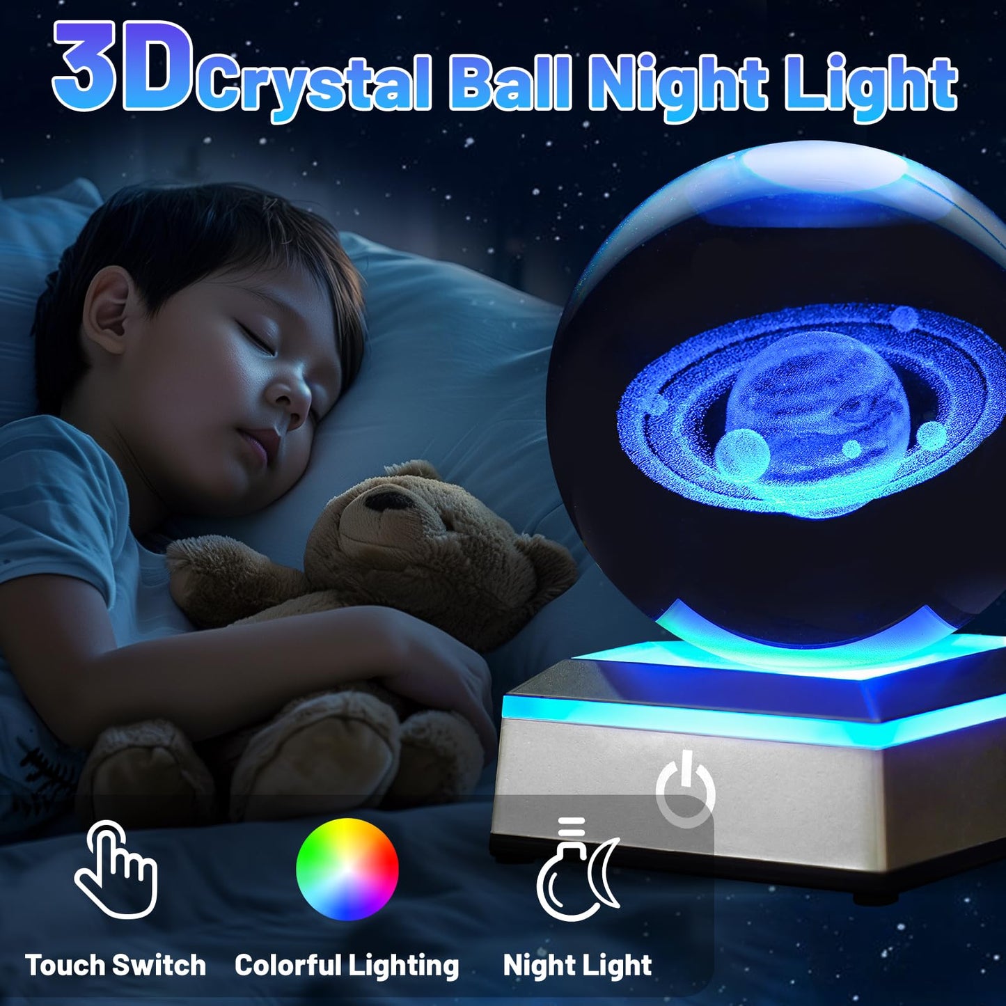 PYMIN3D 3.15 inch Saturn Crystal Ball Night Light with Colorful LED Lamp Touch Base Saturn Model Gifts for Friends Birthday Christmas