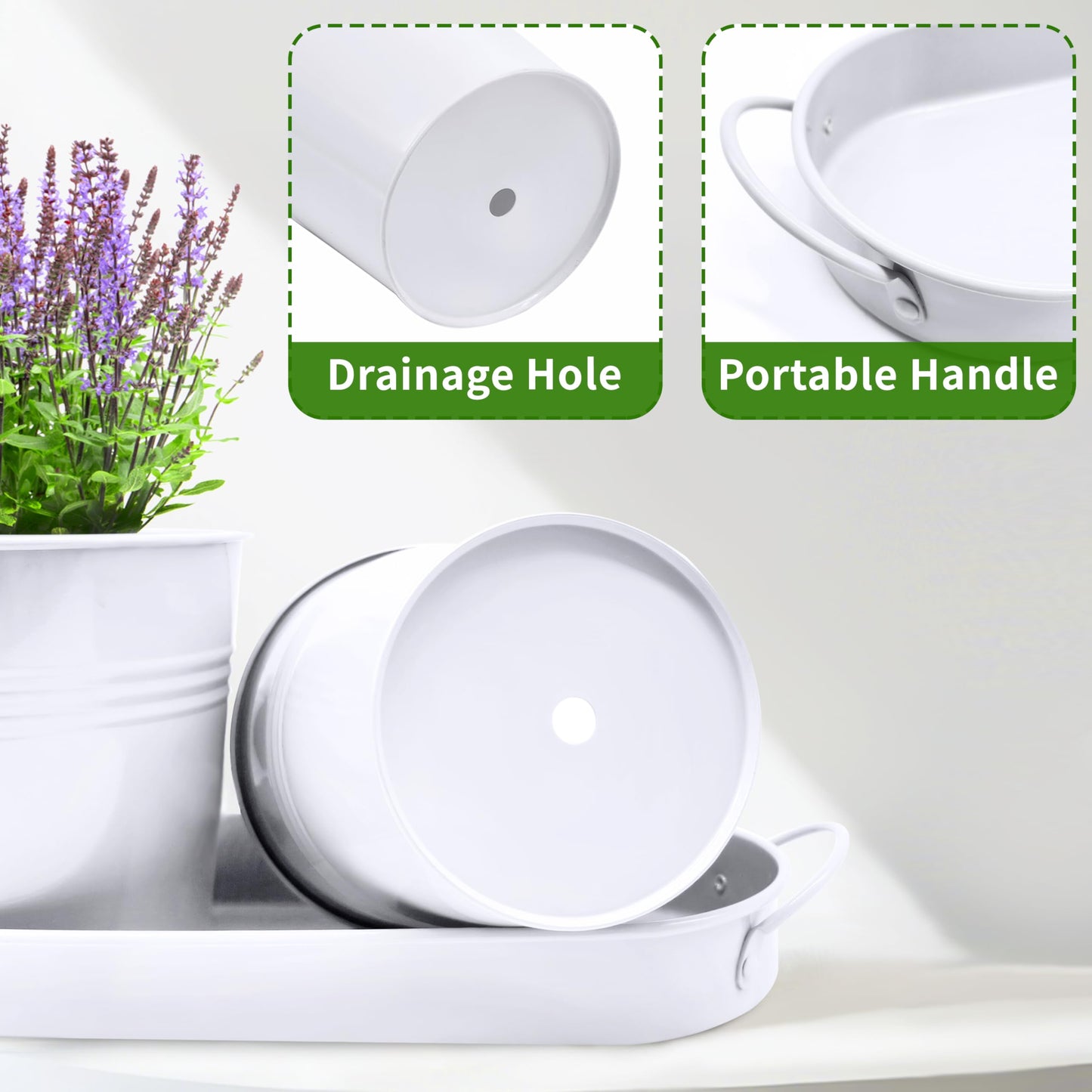 SORANGEUN Metal Herb Garden Planter Set with Tray, 3-Pack White Zinc-Coated Windowsill Plant Pots with Drainage Holes & Handles for Indoor Outdoor Kitchen Garden