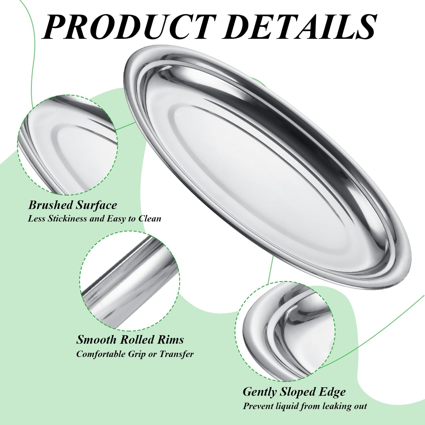 CYEAH 6 Pcs Stainless Steel Oval Platter, Heavy Duty Sizzling Platter, 14 in Large Silver Serving Trays, Metal Sizzler Plates Decorative Silver Plates for Table Decor Food Sushi Appetizer