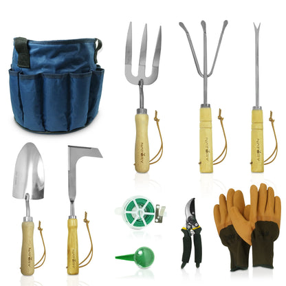 Natury Garden Tools Set – Premium Stainless Steel Gardening Hand Tools with Solid Beechwood Handle – Gardening Kit with Rake, Shovel, Gloves, Shears, Tool Organizer – Garden Gifts for Women and Men