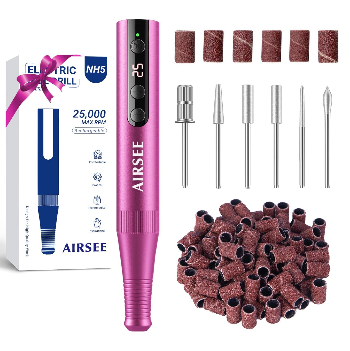 AIRSEE Pro 25000RPM Nail Drill - Cordless Rechargeable Efile for Acrylic, Dip Powder & Gel Nails, Salon & Home Use with Bits & Sanding Bands