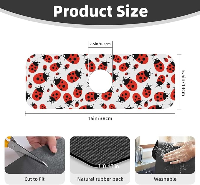 Kitchen Sink Splash Guard Faucet Mat Ladybug Cartoon 15"x5.5", Diatom Mat