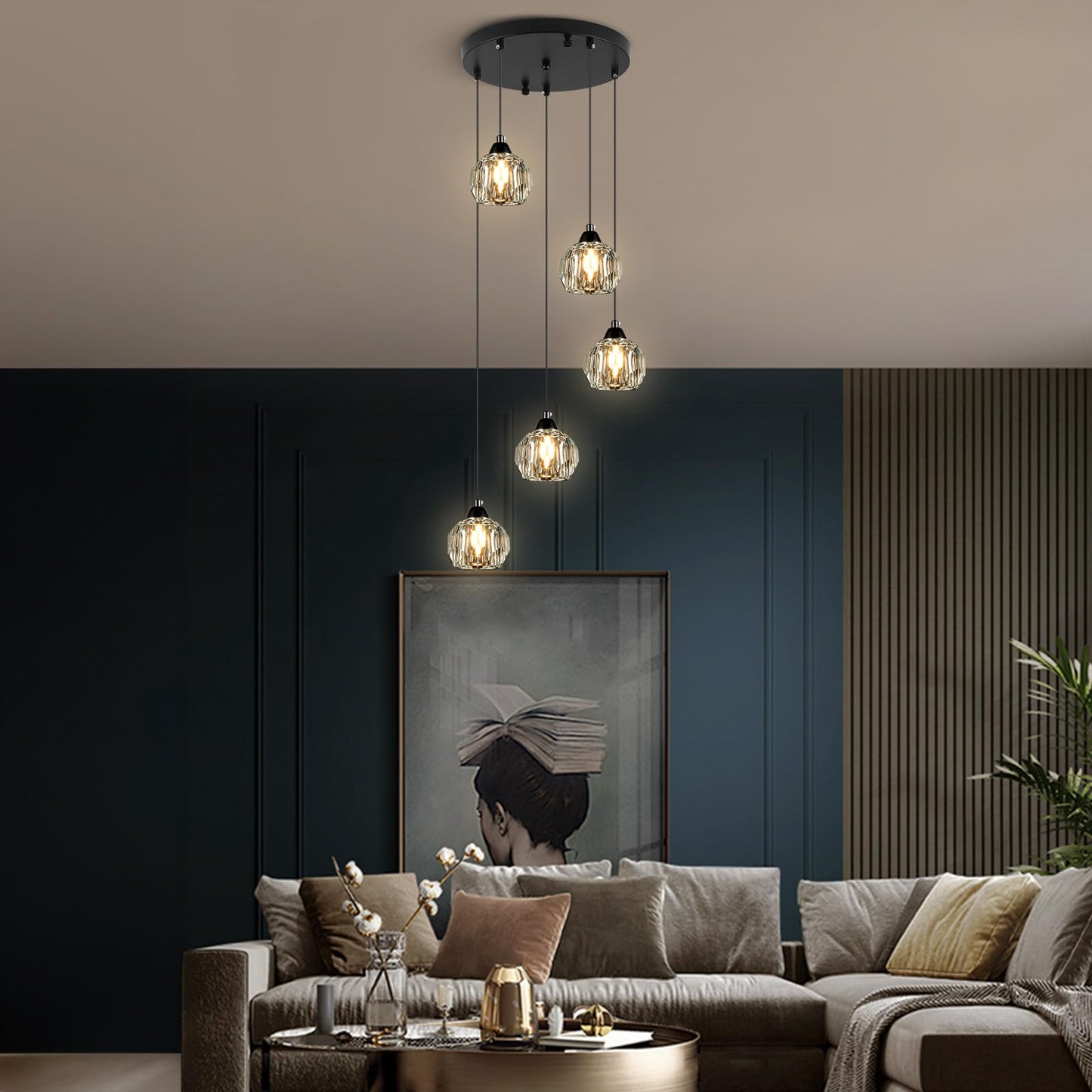 Weesalife Crystal Chandeliers for Dining Room Lights Fixture Over Table, 5-Light Black Modern Pendant Light Fixture，Crystal Chandeliers for Living Room Kitchen Island Staircases Foyer Hallway Bar