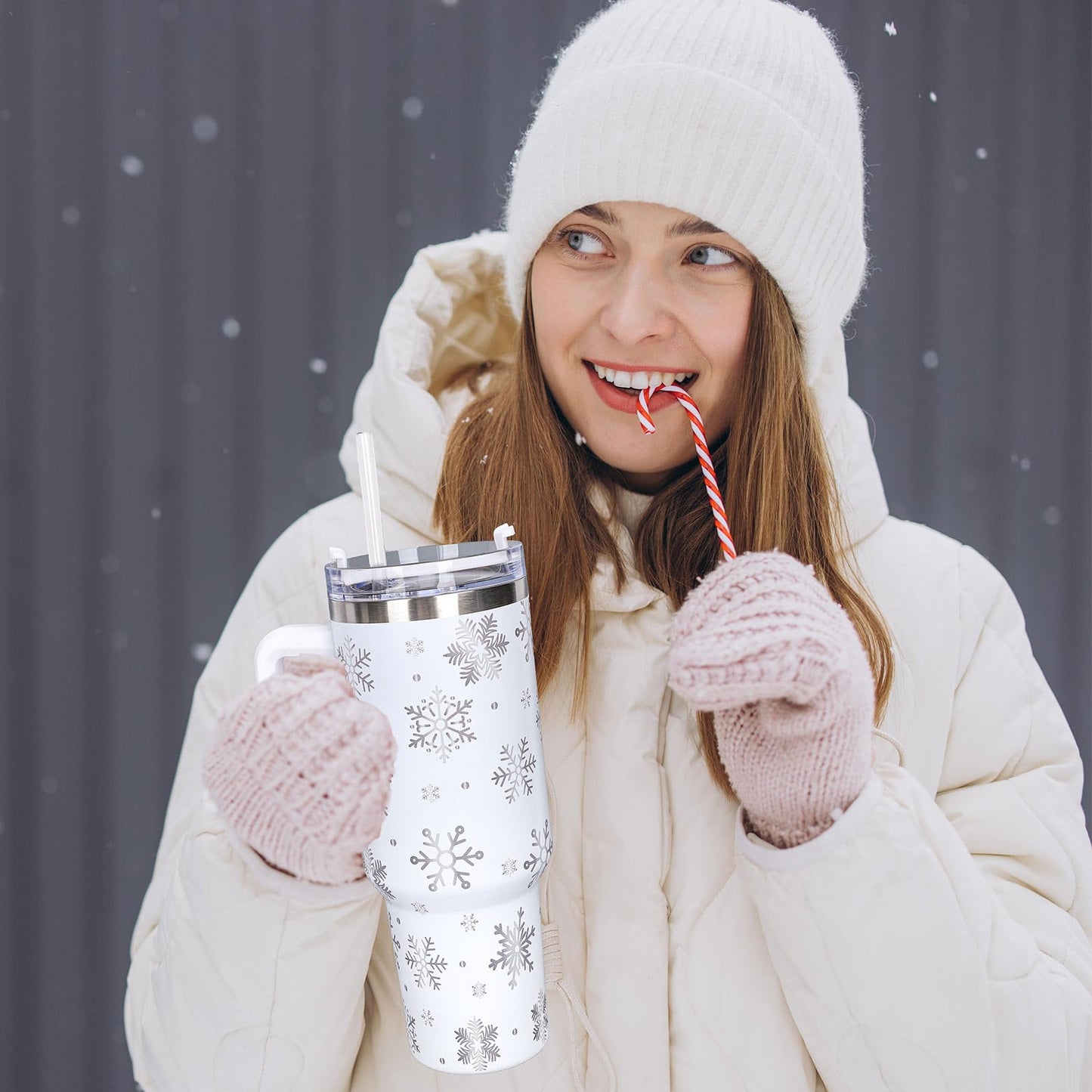 Whaline 40oz Christmas Tumbler with Handle Straw and Lid Snowflake Travel Coffee Tumbler Cup for Xmas Winter Holiday Birthday Party Gift