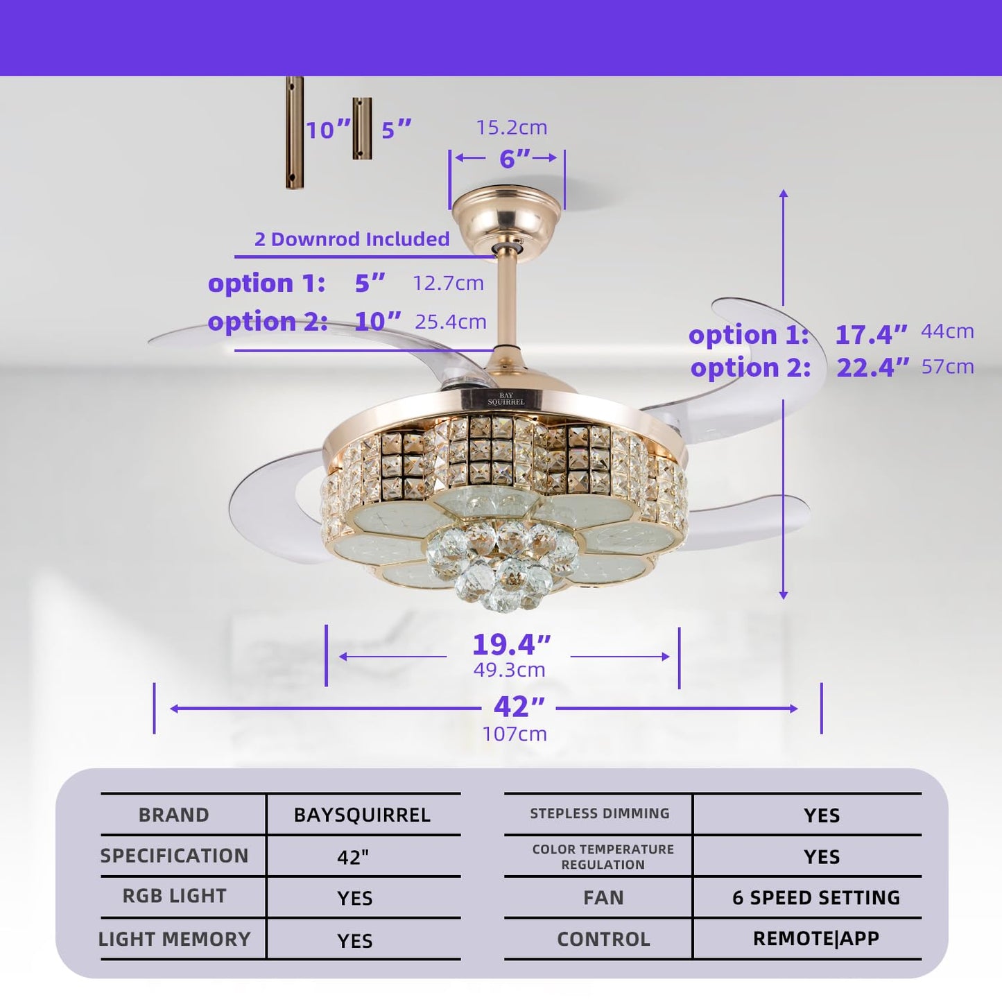BAYSQUIRREL Retractable Crystal Ceiling Fan with Light, Bluetooth Ceiling Fan with Speaker, RGB-LED Light 6 Speed Reversible Low Profile Modern Invisible Ceiling Fan,Remote and APP Control