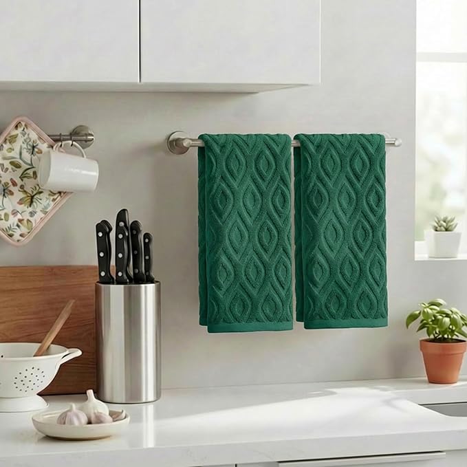 Artoid Mode 2 Pcs Dark Green 3D Diamond Grid Jacquard Hand Towels