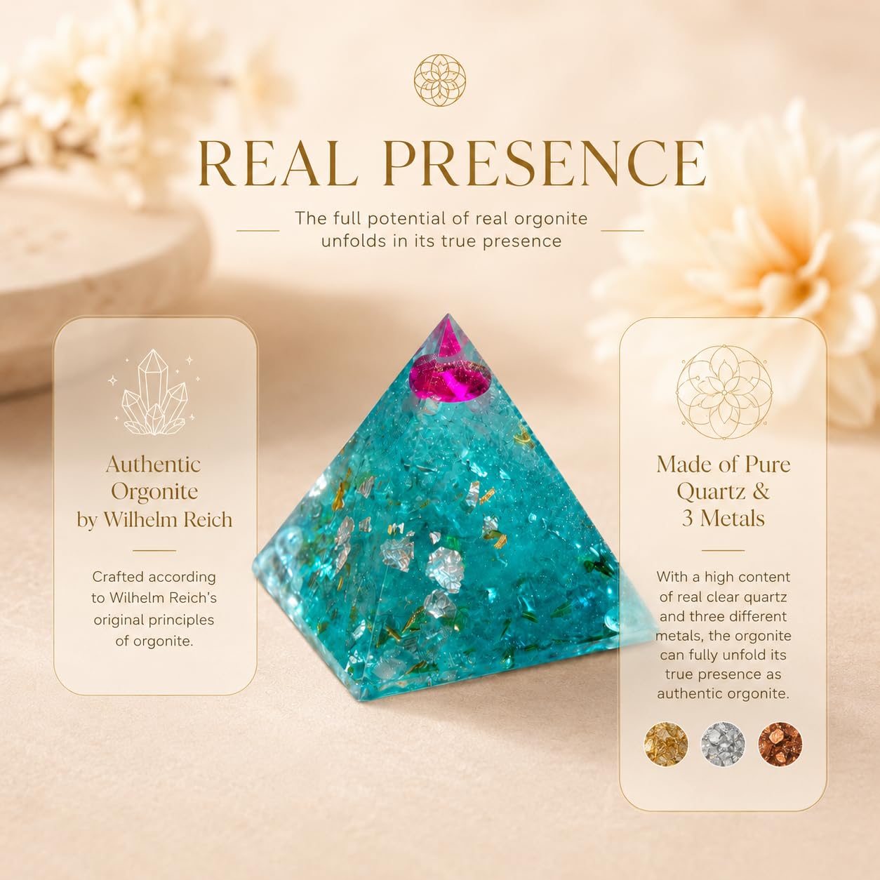 ORGONIC-Art Orgonite Pyramid – Inspired by Wilhelm Reich with Rock Crystal & Brass Leaf, a Symbolic Design Object for consciously Shaped Spaces in Today’s Modern Environment of WLAN, 5G & More