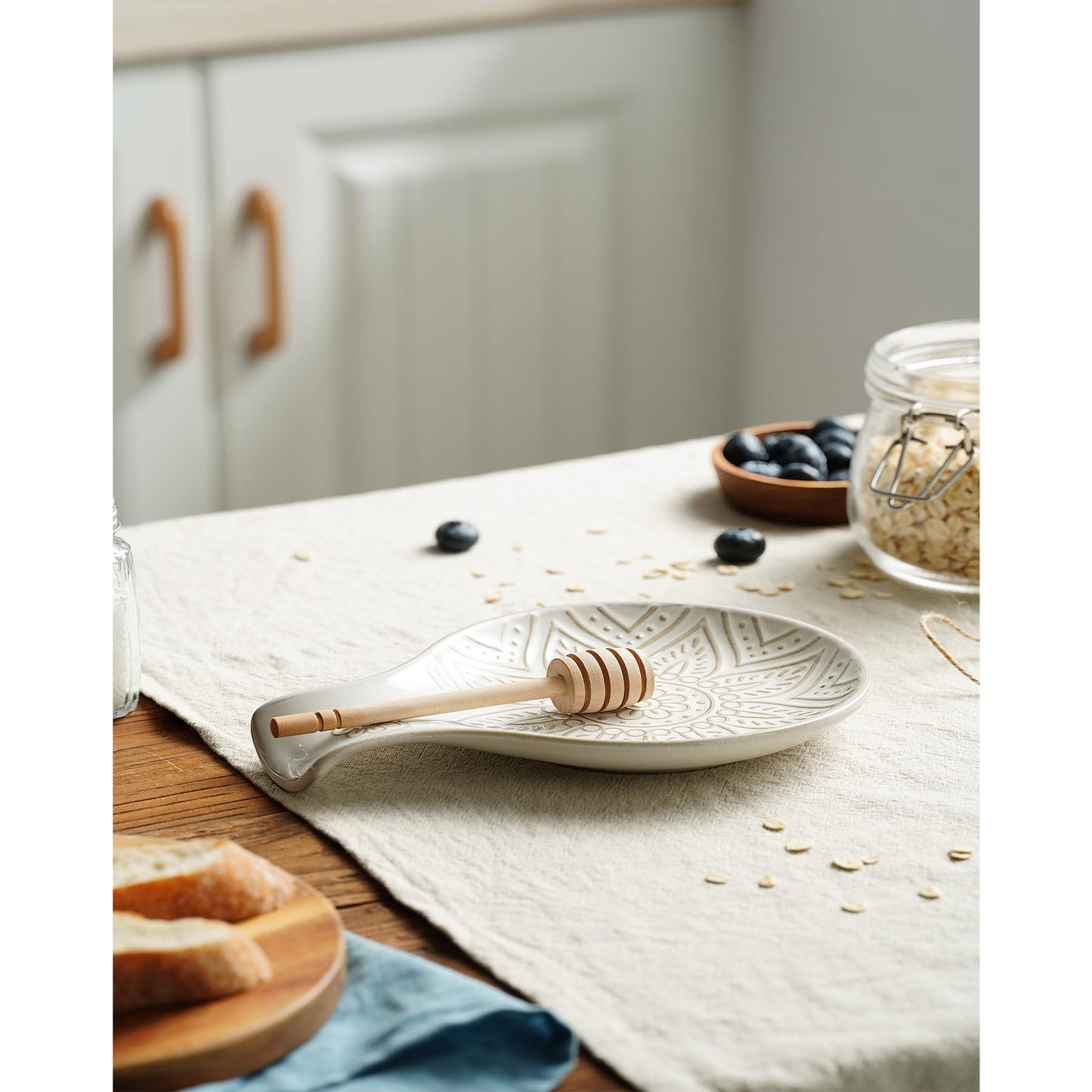 Ceramic Spoon Rest for Stove Top, 7.48 Inches Spoon Holder for Kitchen Counter, Kitchen Counter Decor, Dishwasher Safe, Off-White