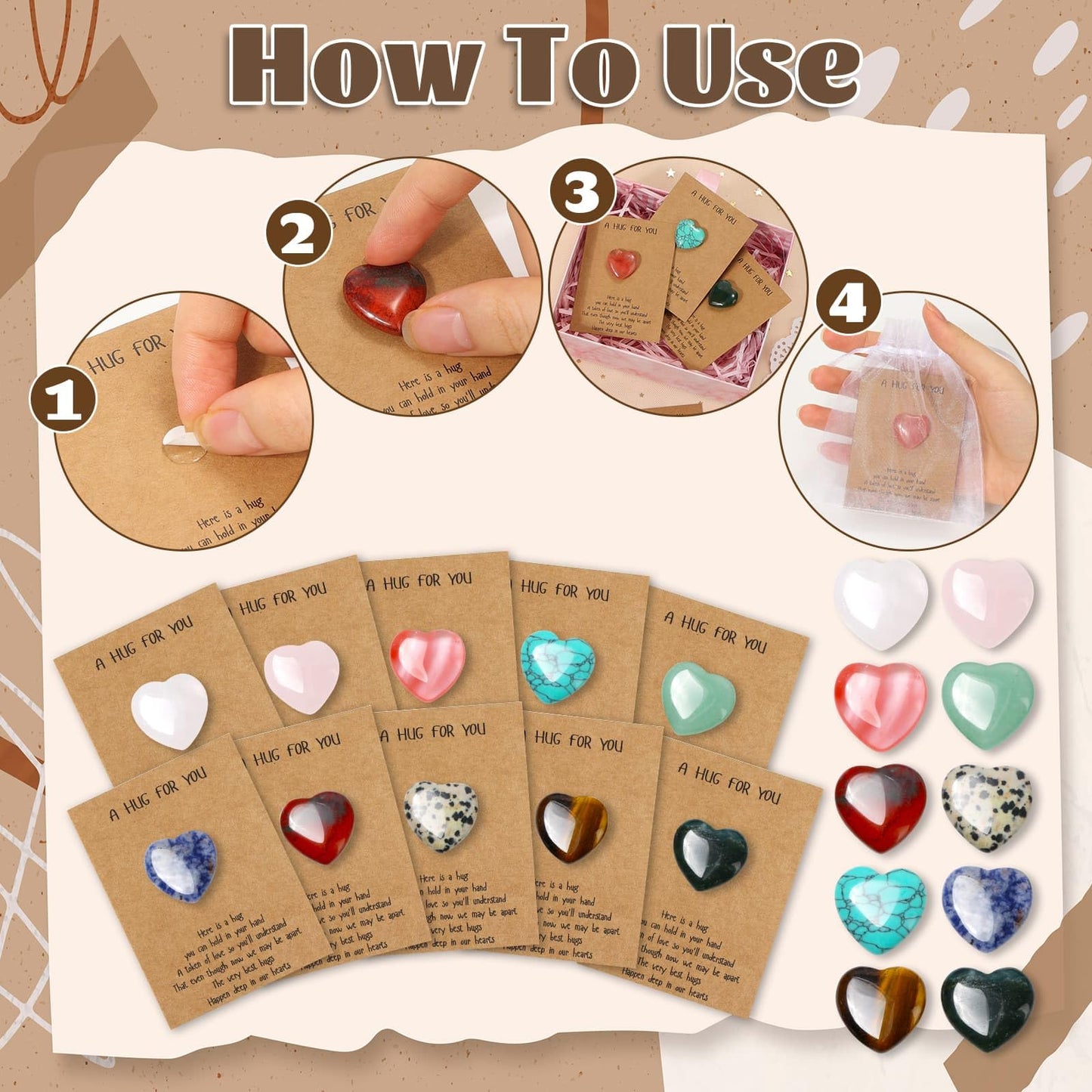 30 Pcs Heart Crystals and Healing Stones Bulk, 0.8" Polished Natural Heart Shaped Rocks Gemstones with Hug Cards Set for Meditation Balancing Chakra Reiki Valentines Mother's Day Gifts