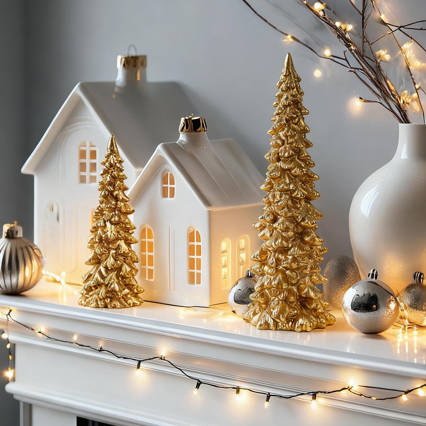Set of 2 Gold Glitter Resin Trees,Small Pine Tree Figurines Decorative Christmas Trees Tabletop Centerpieces Decor for Christmas,Xmas,Holiday,9.6'' / 6.1''