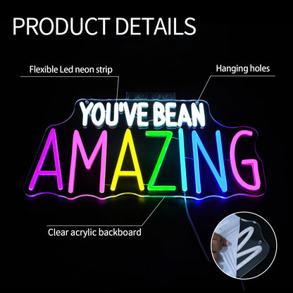 Virlusy You've Bean Amazing Neon Sign for Wall Decor Dimmable Positive Letters Led Light Up Signs LED Neon Light for Classroom Decor for Library Study Room Cafe Bedroom Art Decor Birthday Gift
