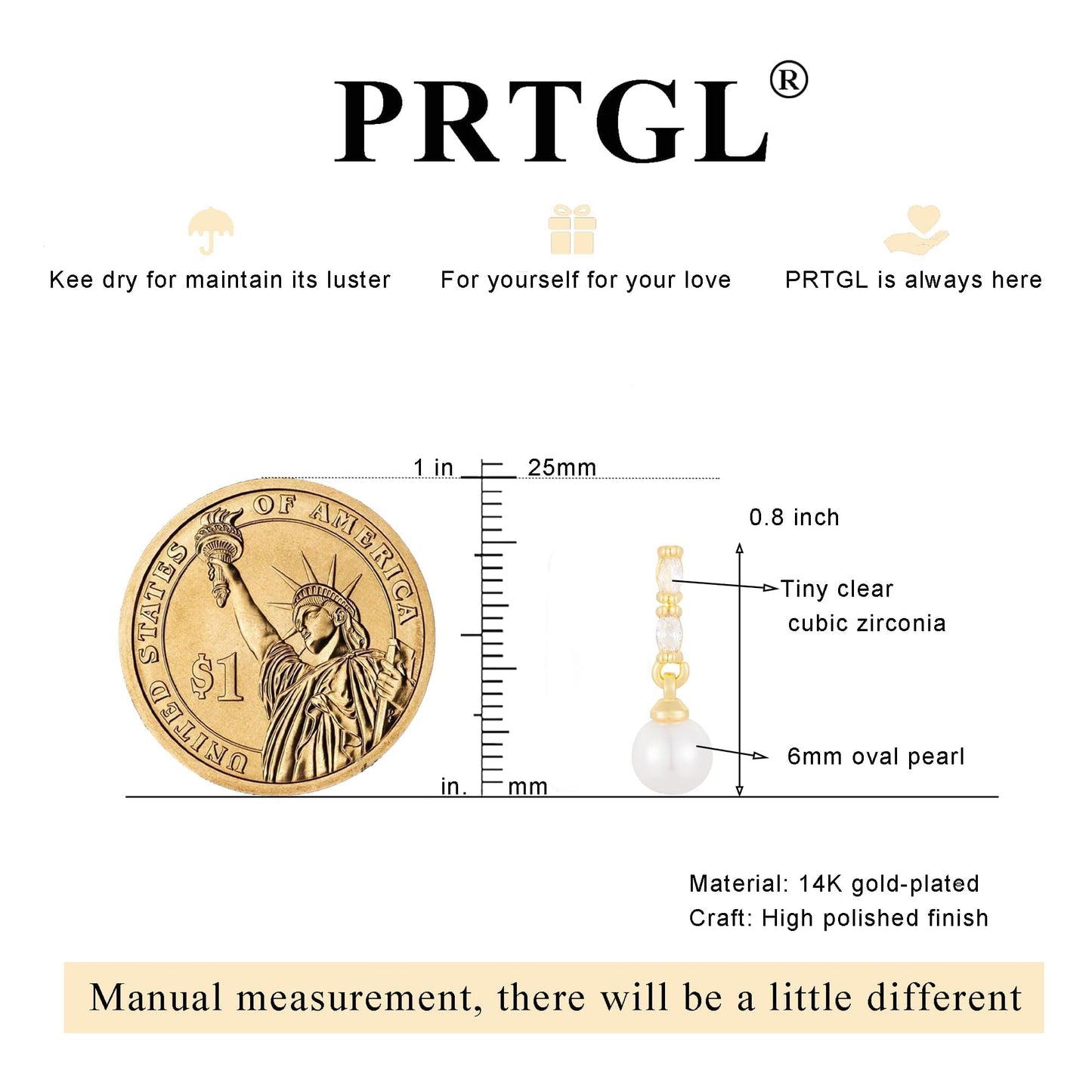 PRTGL Pearl Earrings: 14k Gold-plated Cubic Zirconia Accented Pearl Drop Wedding Engagement Earrings For Women Bridal Bridesmaid
