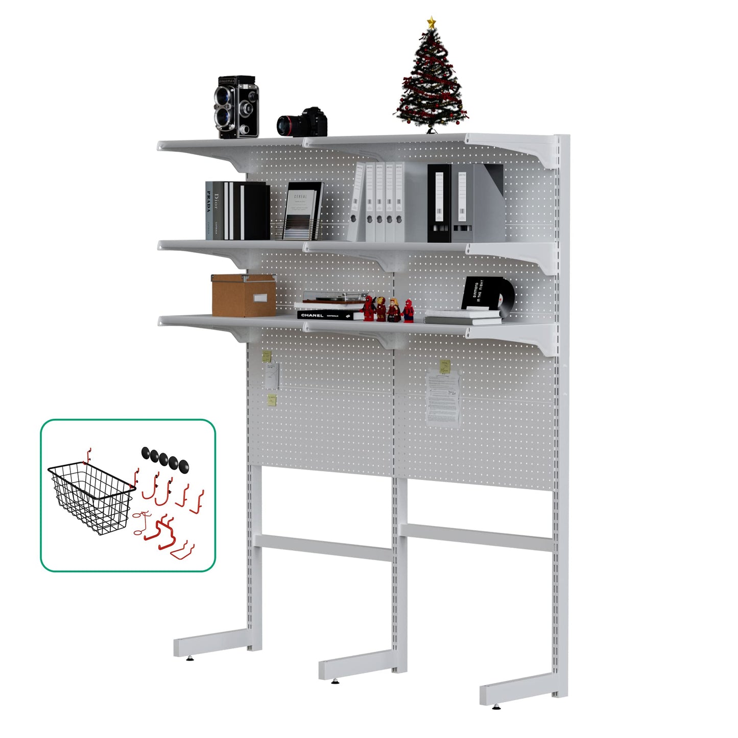 JWX Standing Pegboard Shelf Unit, White Gaming Home Office Garage Cabinets with Metal Pegboard and 15 Pieces Organizer Tool Holders