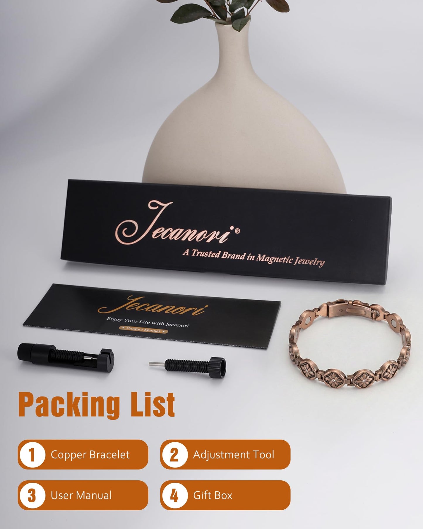 Jecanori Pure Copper Bracelet for Women, Flower Copper Magnetic Bracelet With 3500 Gauss Magnets, Adjustable Jewelry Gift with Sizing Tool