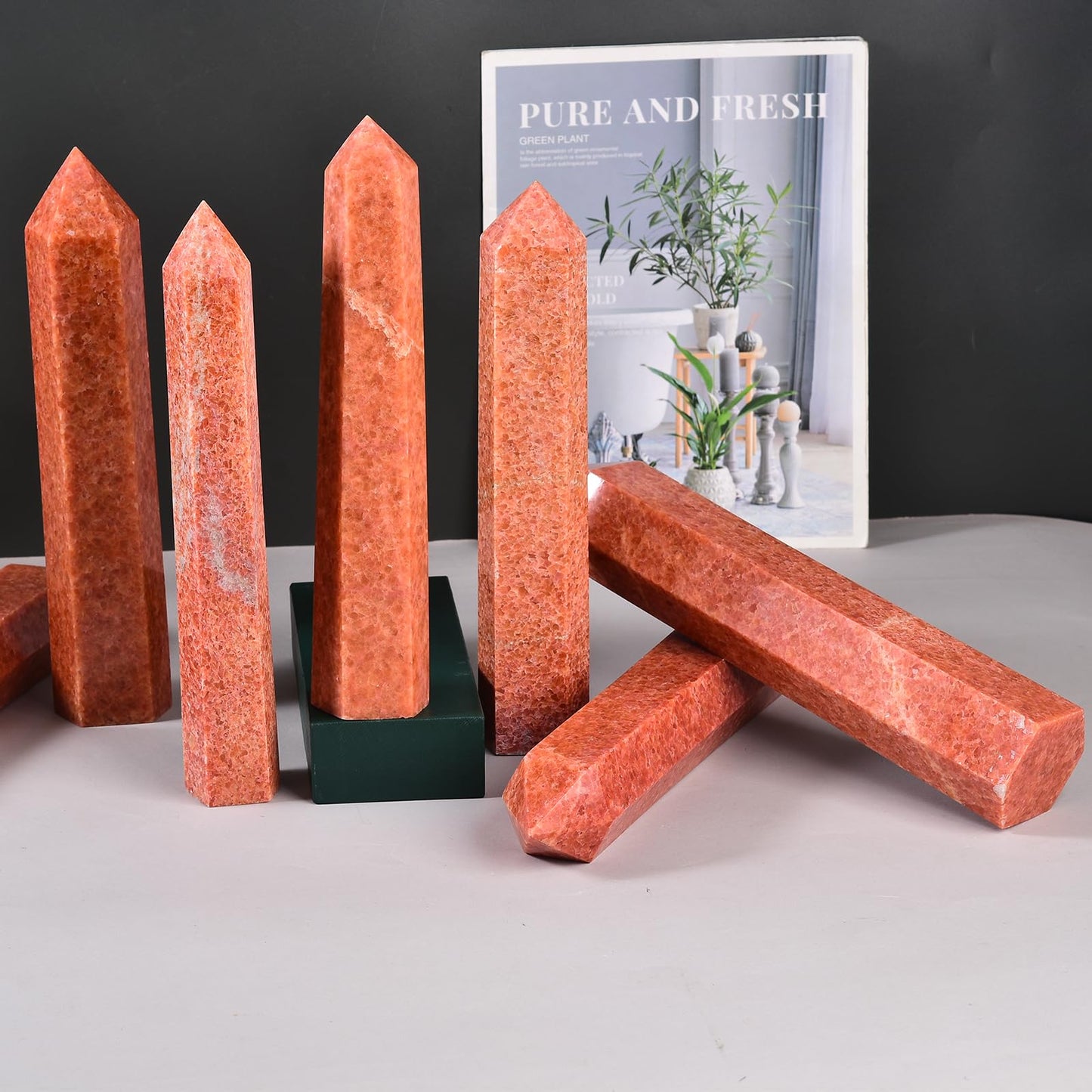 JIC Gem Large Sunstone Obelisk Tower Points Healing Crystal Wand 6 Faceted Quartz Crystals Tower Wand Home Decor Reiki Healing 1.7-2.2 Lbs