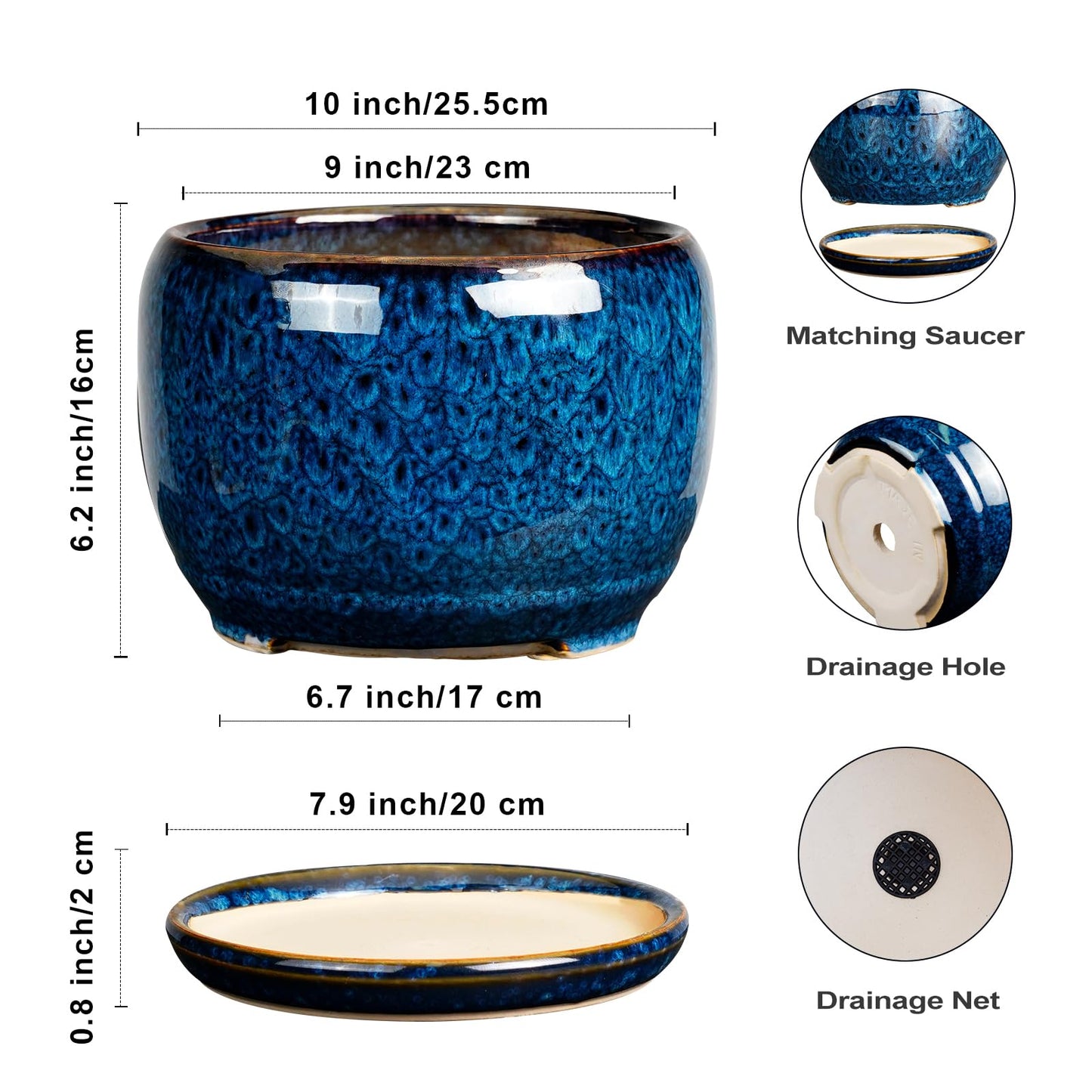 SQOWL 10 Inch Plant Pot - Ceramic Planter Pot with Drainage Hole and Saucer, Decorative Plant Pot for Indoor Outdoor Plants, Round Large Planter Flower Pot, Blue