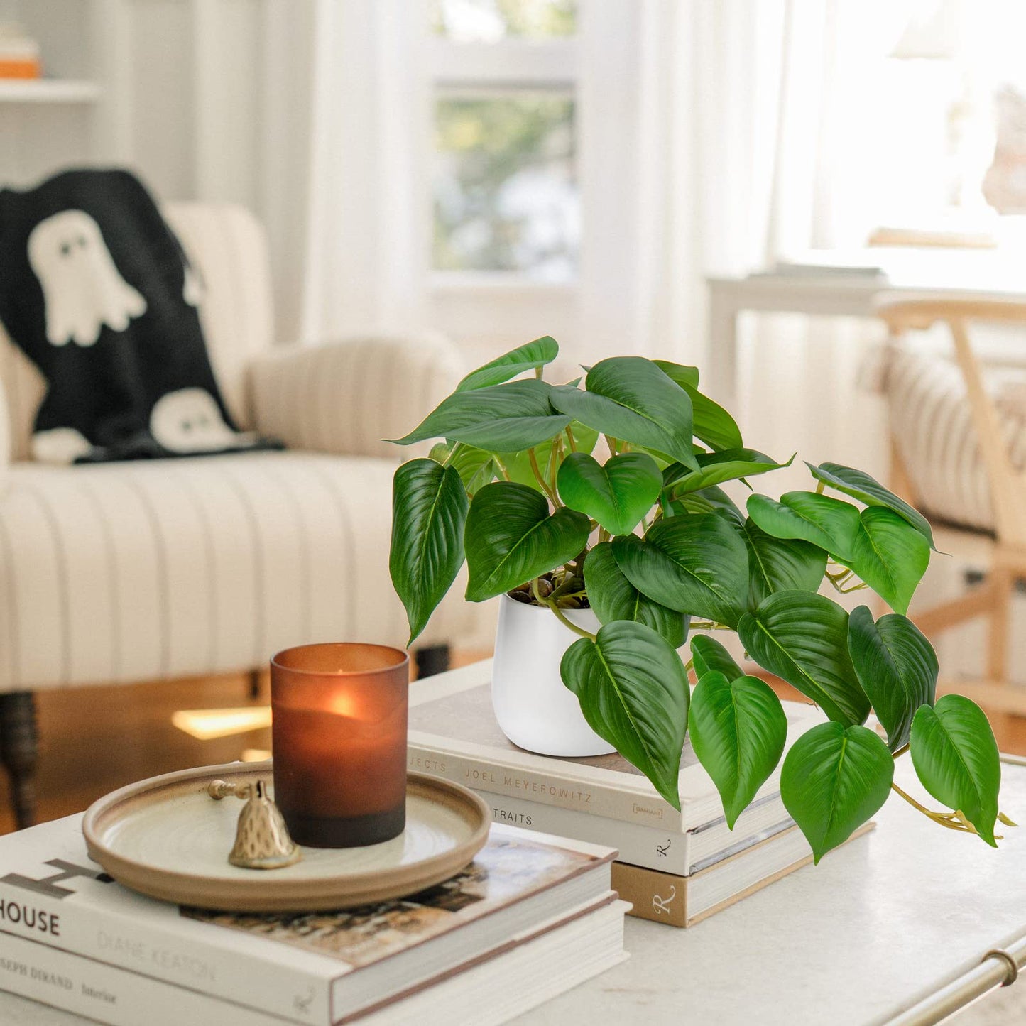 DILATATA Fake Plants Indoor 8 Inch Artificial Pothos Plant in White Ceramic Pot - Faux Potted Pothos Plant for Home Aesthetic Decor Living Room Shelf Office