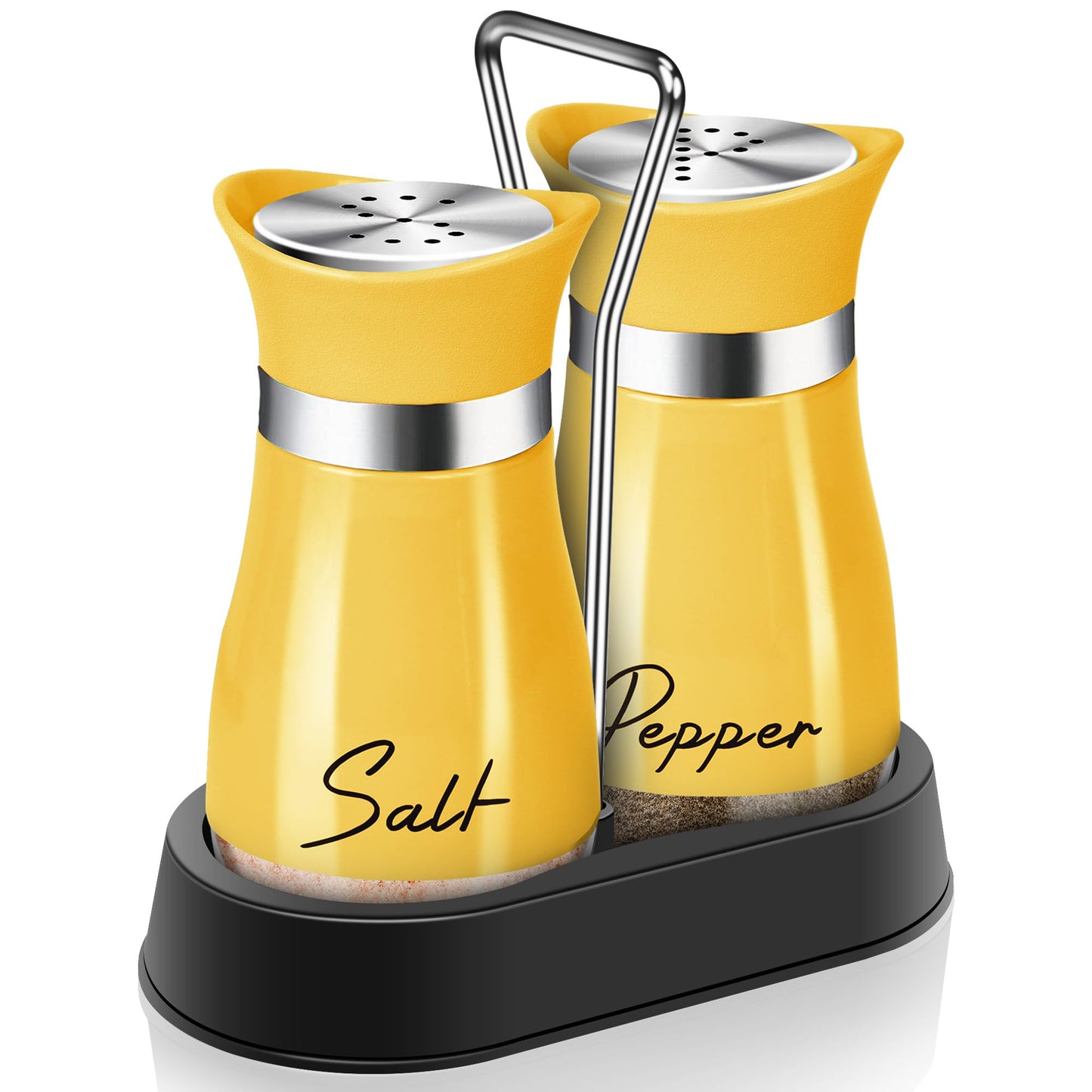 Yellow Salt and Pepper Shakers Set with Holder,4 oz Cute Kitchen Decor and Accessories Farmhouse Gadgets Table Housewarming Gift Thanksgiving Christmas Decor Refillable Design (Yellow)