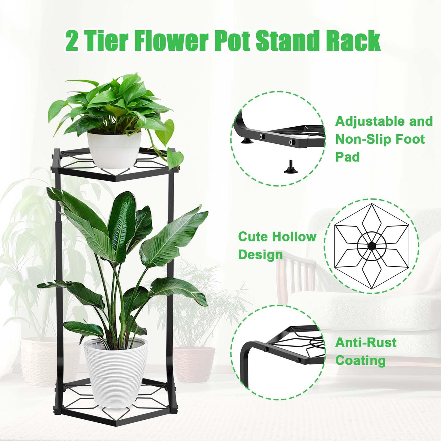 DUMING-IN Plant Stand Indoor-2 Tier Adjustable Tall Plant Stand Flower Pot Holder Metal Plant Rack Lightweight Duty Rustproof for Garden Corner Patio Lawn Balcony Office Living Room