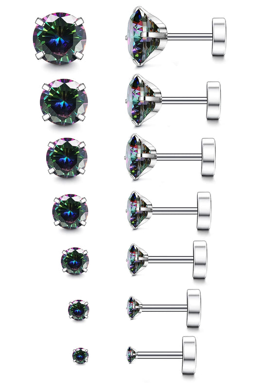 Fansilver 20G Hypoallergenic Flat Back Earrings for Women Men Silver 14K Gold Stainless Steel Stud Earrings Brithstone Cubic Zirconia Studs Surgical Steel Cartilage for Sensitive Ears