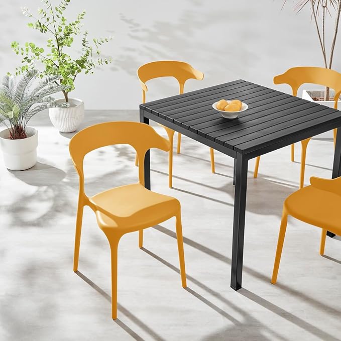 Modern Stackable Dining Chair Set, No Assembly, Plastic Chair, Patio Chair, Suitable for Indoor and Outdoor Cafes and Restaurants, Set of 4 (Mustard Yellow)