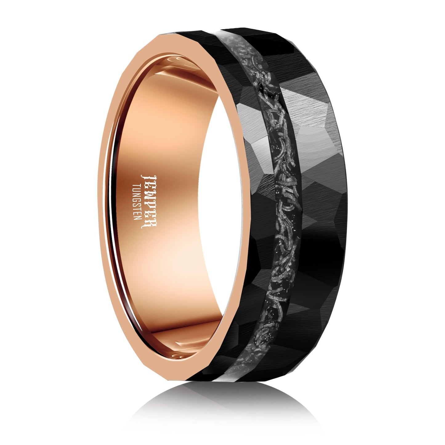 JEWPER 8mm Men Womens Wedding Band Tungsten Rings black rose gold Hammer pattern Fashion Promise Carbide Inlaid Iron Filings Matte Finish Edge Comfort Fit size(6)