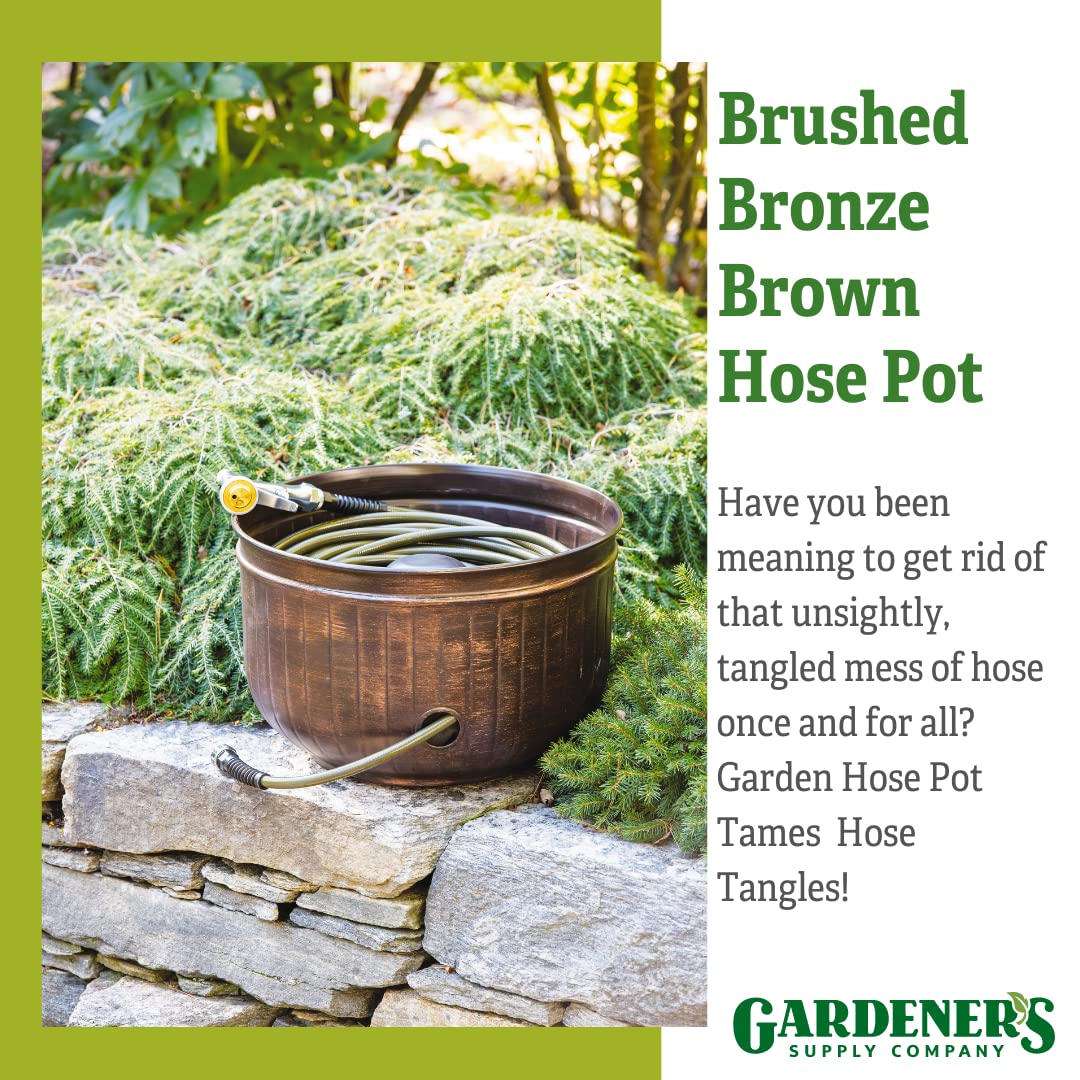 Gardener's Supply Company Garden Hose Pot | Elegant Brushed Bronze Brown Decorative Watering Hose Storage with Side Hole | Ideal Hose Holder for Outdoor Garden, Backyard, & Patio | Holds 100ft Hose