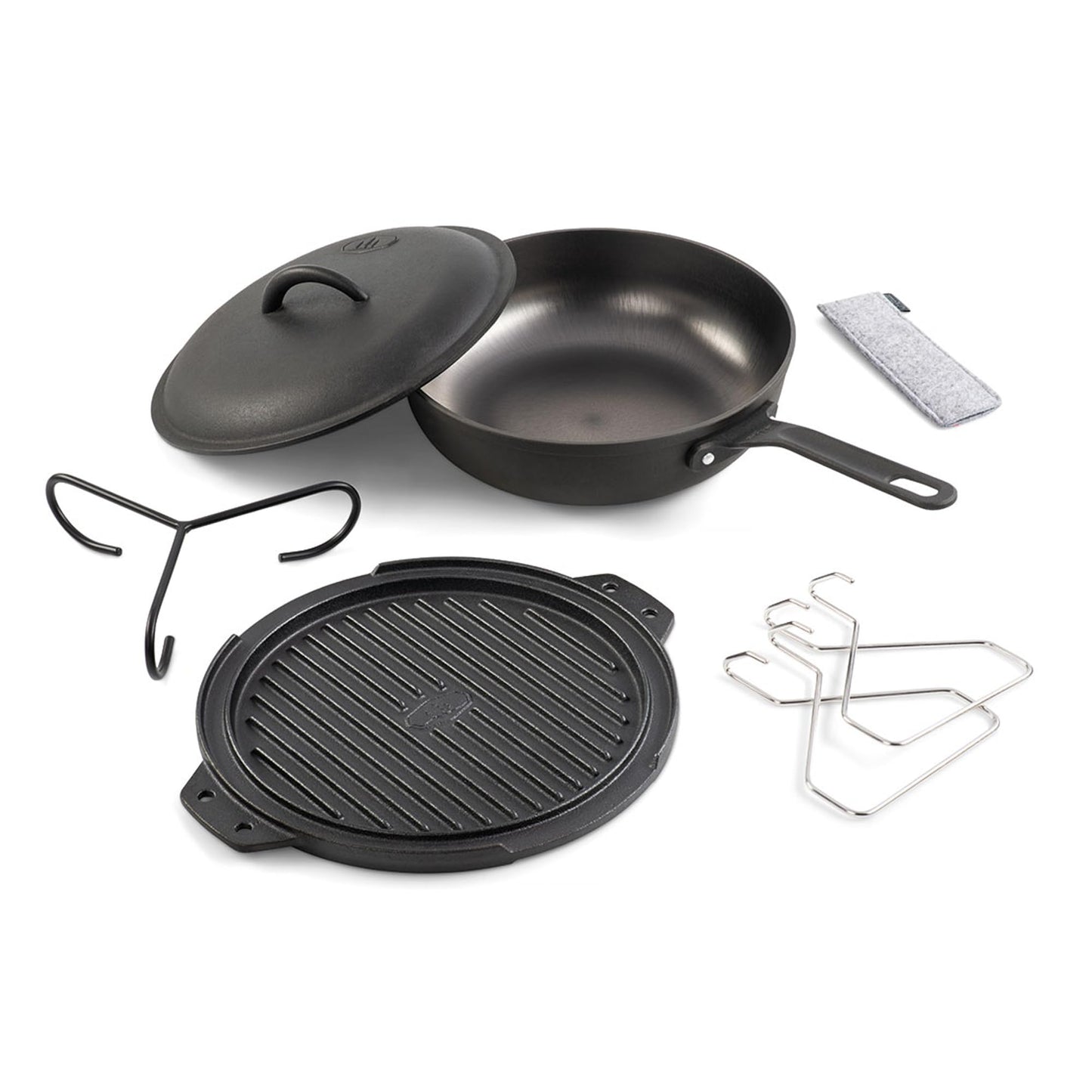 GSI Outdoors Guidecast Outdoor Cookset: 10" Deep Frypan with Dome Lid, Dual-Sided Cast Iron Griddle/Grill, Removable Handles