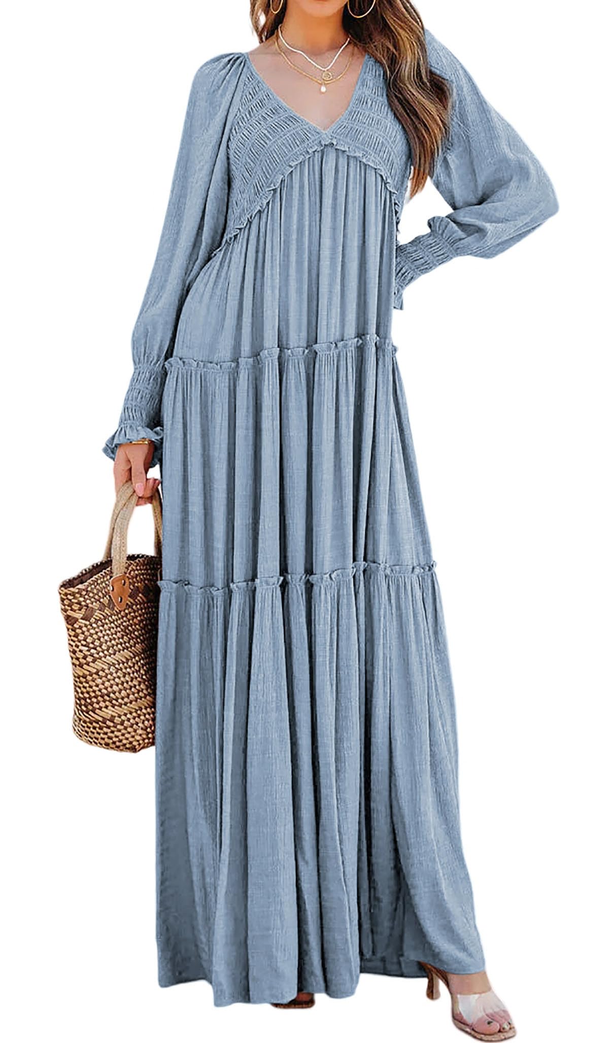 R.Vivimos Maxi Dress for Women Long Sleeve V Neck Empire Waist Layered Ruffle Boho Casual Flowy Long Dresses