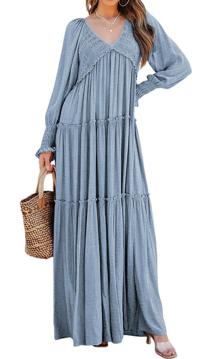 R.Vivimos Maxi Dress for Women Long Sleeve V Neck Empire Waist Layered Ruffle Boho Casual Flowy Long Dresses