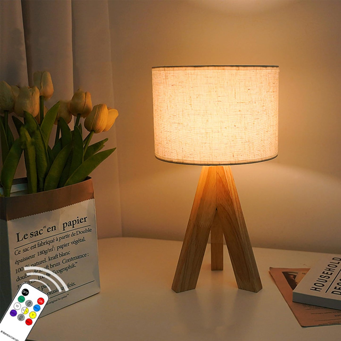 Tripod Table Lamp, Small Cute Bedside Lamp with Linen Beige Lampshade, Nightstand Lamp for Nursery, Bedroom, Kid Room, Living Room, Light Brown Wooden Base, E26 Socket, 12.8Inch, 3000K, 4500K, 6000K