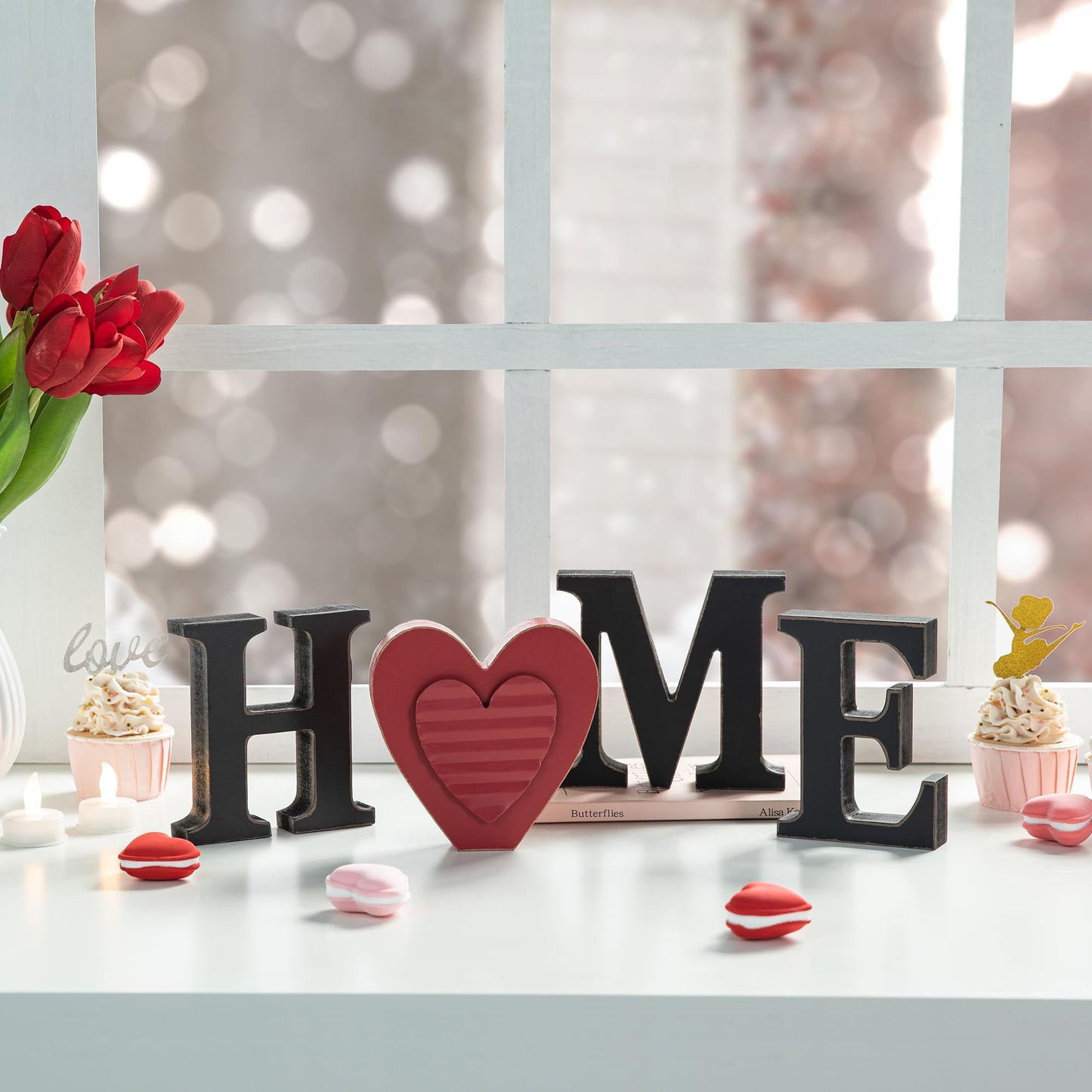 Glitzhome Interchangeable Home Sign with 10 Seasonal Icons Wooden Sign Table Top Shelf Decor for Holiday Farmhouse Door Welcome DIY Decor