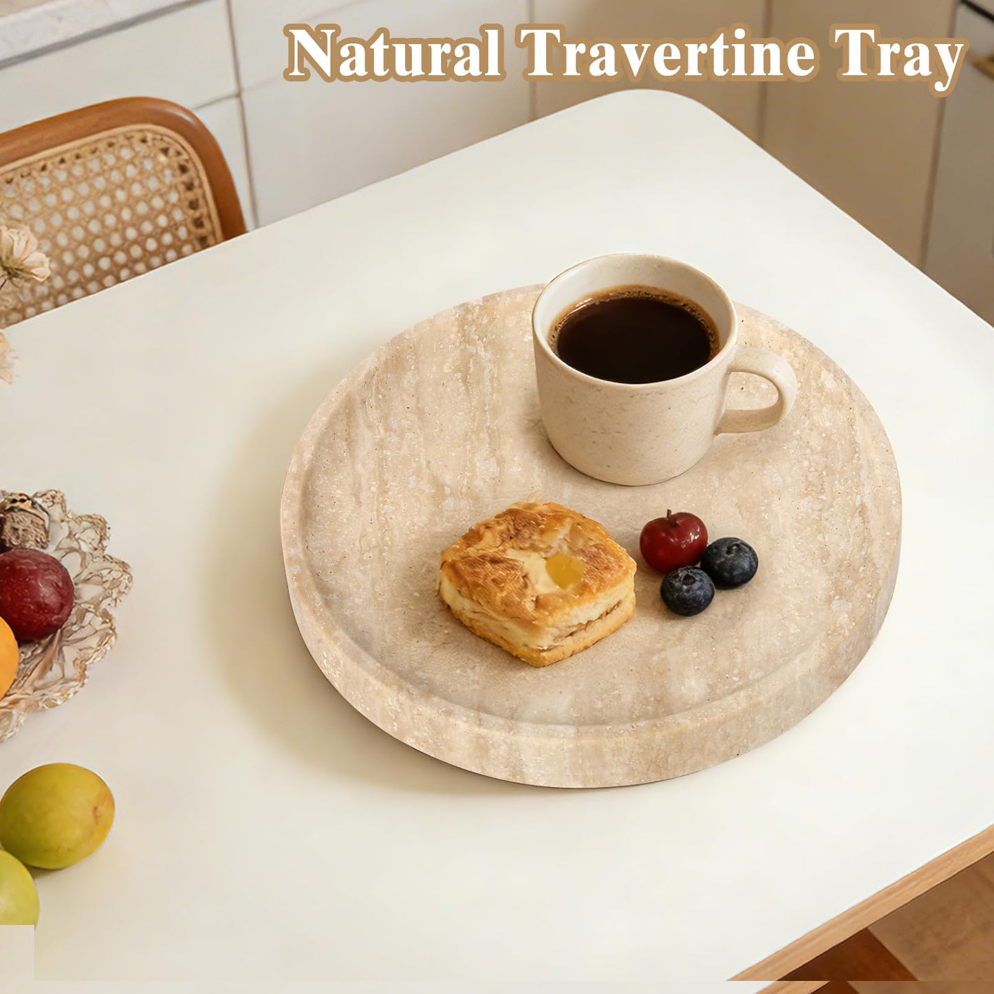 Moujings Natural Travertine Vanity Tray - Decorative Stone Marble Tray for Bathroom Countertop, Elegant Organizer for Home Decor, Jewelry, Candle, Makeup, Kitchen and Dresser Decor