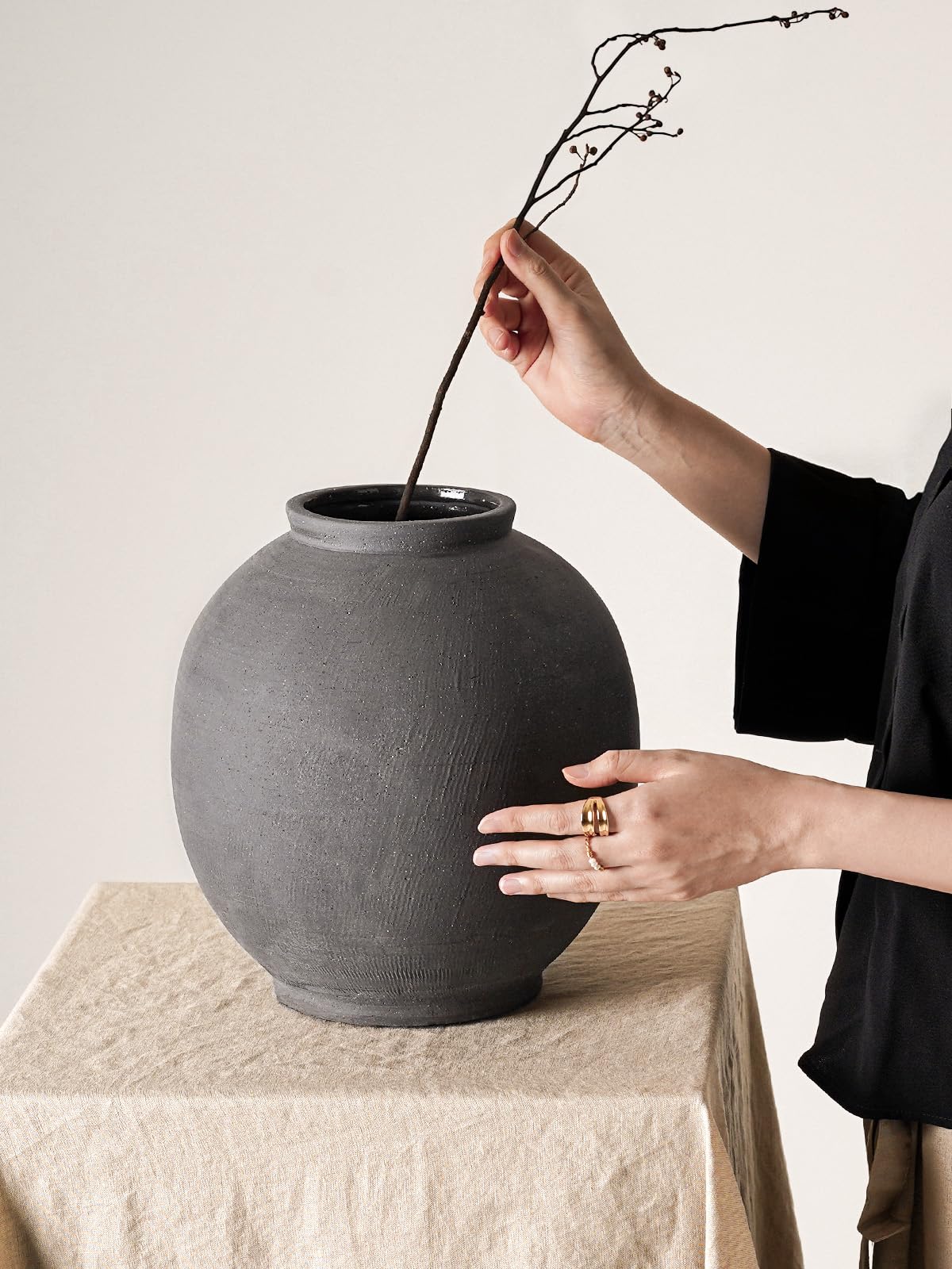Ceramic Rustic Vase, 10.8 Inch Farmhouse Minimalist Tall Flower Vase for Table, Living Room, Home Decor, Bathroom, Holiday, Wedding, Set of 1,Sandstone Dark Grey